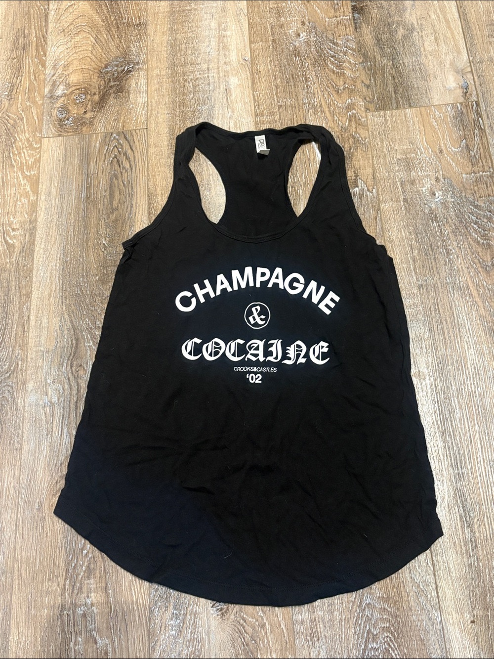 Crooks & Castles Black Racerback Tank with White 'Champagne & Cocaine' Graphic